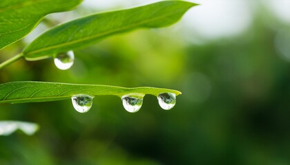 나뭇잎 끝에 물방울이 매달려있는 모습