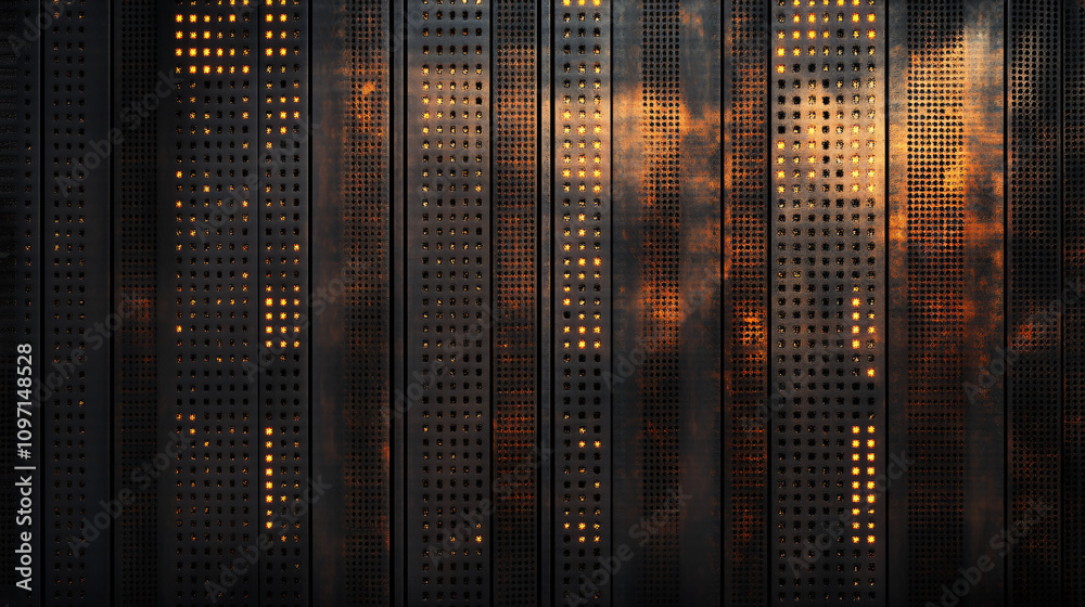 Aufkleber abstract industrial background with orange glowing lights behind a dark metal surface featuring a gr
