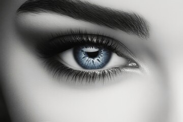 Obraz premium Close up of a young woman with striking blue eyes and defined eyelashes in soft lighting