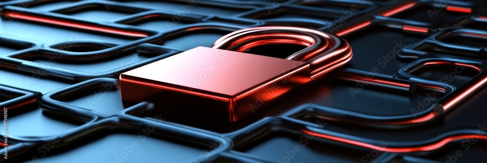 Poster a red padlock sits on a dark, circuit-like background, symbolizing security and protection.