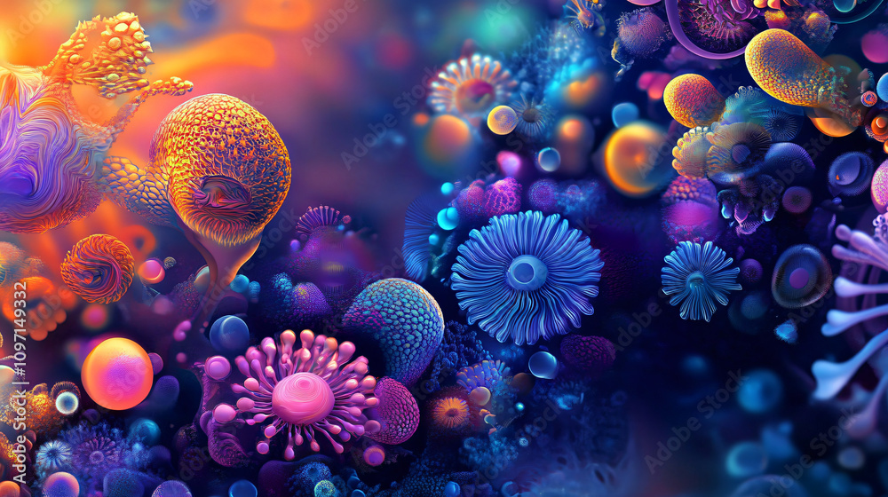 Fototapete microscopic organisms create a vibrant ecosystem, showcasing diverse life forms thriving in a colorf