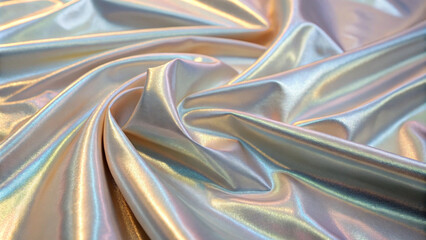 Large cream fabric with metallic iridescence. Swirled and crumpled, golden accents for elegance. Smooth, stretchy texture enhances dynamic visual appeal.