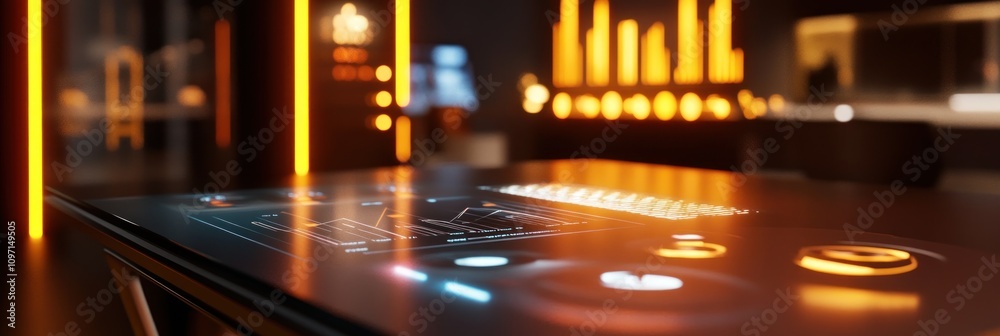 Poster A futuristic interface on a sleek table with glowing elements and data displays.