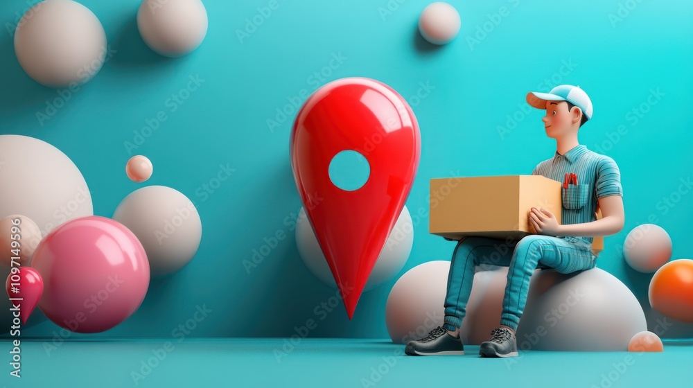 Poster a 3d illustration of a delivery person with a box near a location pin and colorful spheres.