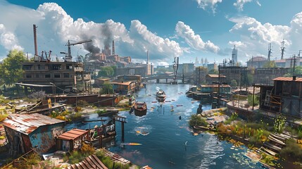 Obraz premium Industrial urban landscapes collaboration and teamwork in disaster zones highlighting rapid reconstruction and resilient infrastructure