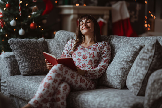 A woman in pajamas reading a book on her sofa with a Christmas tree in the background. Concept of Christmas, relaxation, holidays, and leisure time.
