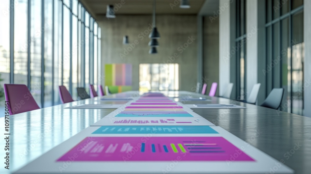 Poster a modern conference room with colorful graphs on a long table.