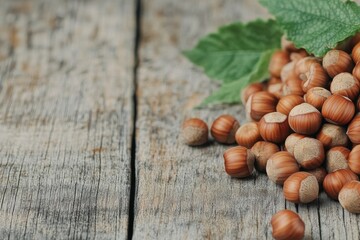 Fototapeta premium Freshly harvested hazelnuts on rustic wooden surface ready for culinary use