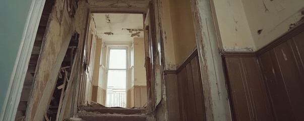 Fototapeta premium Ruined old entranceway lobby of an apartment building. Older housing, typical building development