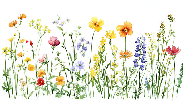 A detailed watercolor illustration of wildflowers in full bloom, with various types and colors on an isolated white background, natural, organic,