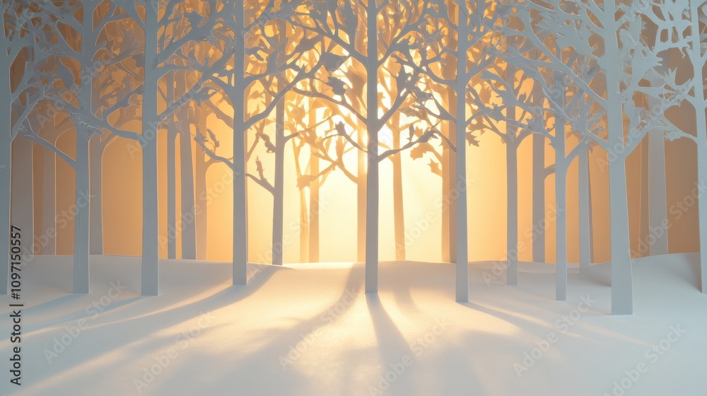 Poster A tranquil winter forest features delicate white paper silhouettes, illuminated by gentle light, creating a peaceful atmosphere in the woods. Generative AI