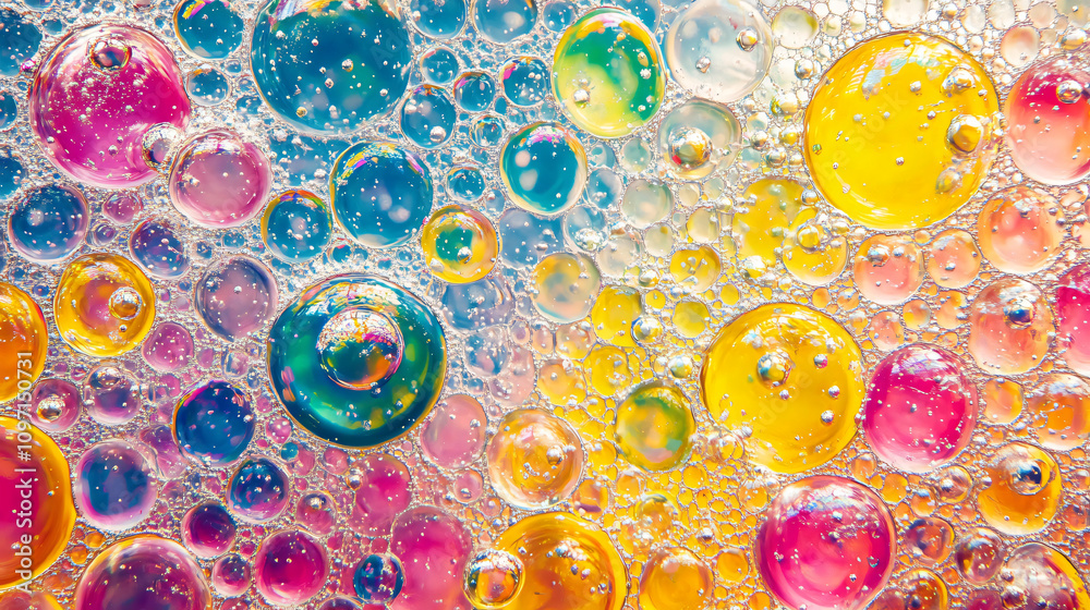 Poster colorful oil bubbles creating a vibrant and abstract pattern on the water surface, perfect for backg