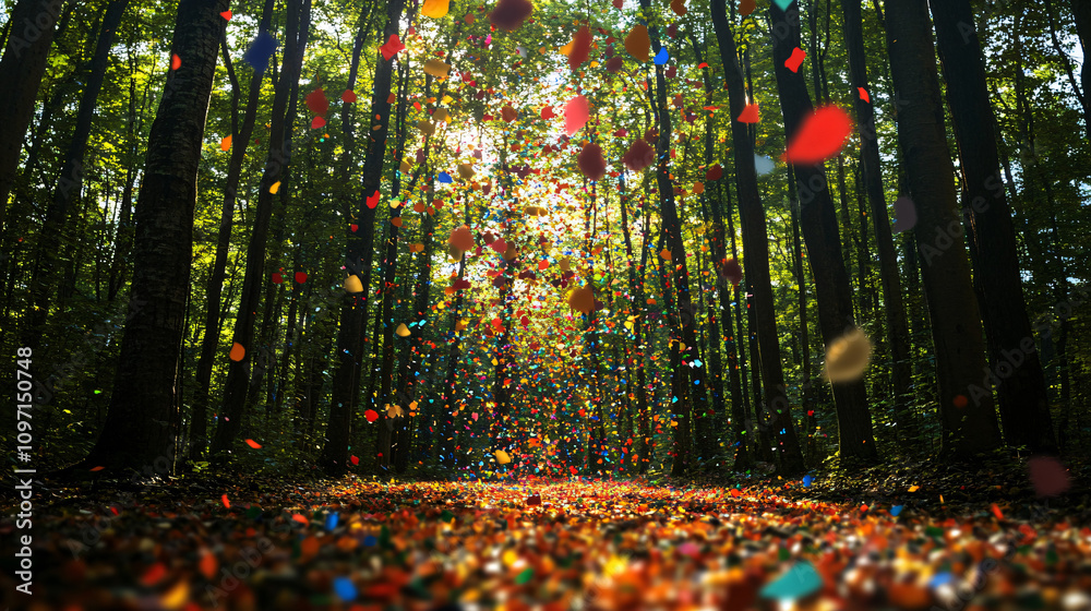 Poster bright confetti falling on a path through trees creates a magical and celebratory atmosphere in natu