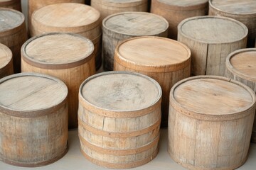 Storage area filled with wooden baskets holding various grains in a rustic setting