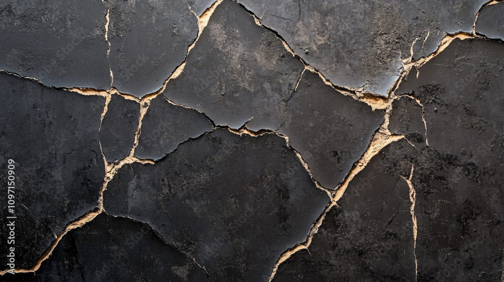 Poster surface fracturing to expose hidden textures, forming an abstract arrangement of cracks and pieces