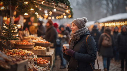A lively winter market with stalls selling holiday goods, food, and decorations. 