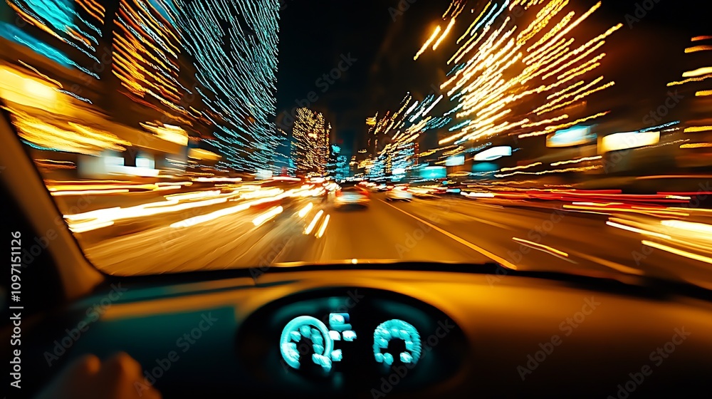 Poster fast pace city night drive with blurred lights and speedometer view from car : generative ai