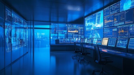 Futuristic HighTech Control Room with Digital Screens in Modern Data Analysis Center : Generative AI
