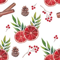 Christmas pattern with red dried orange, cinnamon, berries and a cone. Hand-painted in watercolor