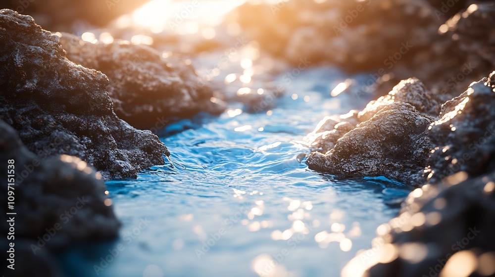 Poster tranquil rocky stream flowing with sunlight reflection in nature : generative ai