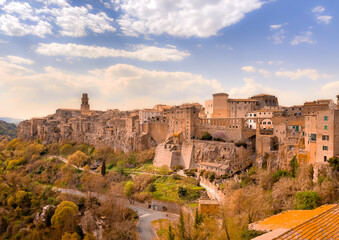 Fototapeta premium A view of the ancient town of Civita di Bagnoregio, perched atop a rocky hill in Italy