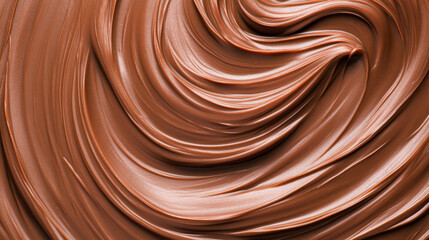 A close-up view of creamy, rich chocolate spread with smooth, flowing textures, capturing its indulgent and appetizing appearance.