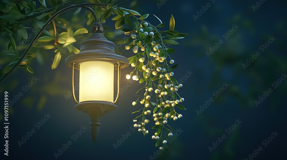 Poster illuminated lantern hanging from branch with berries