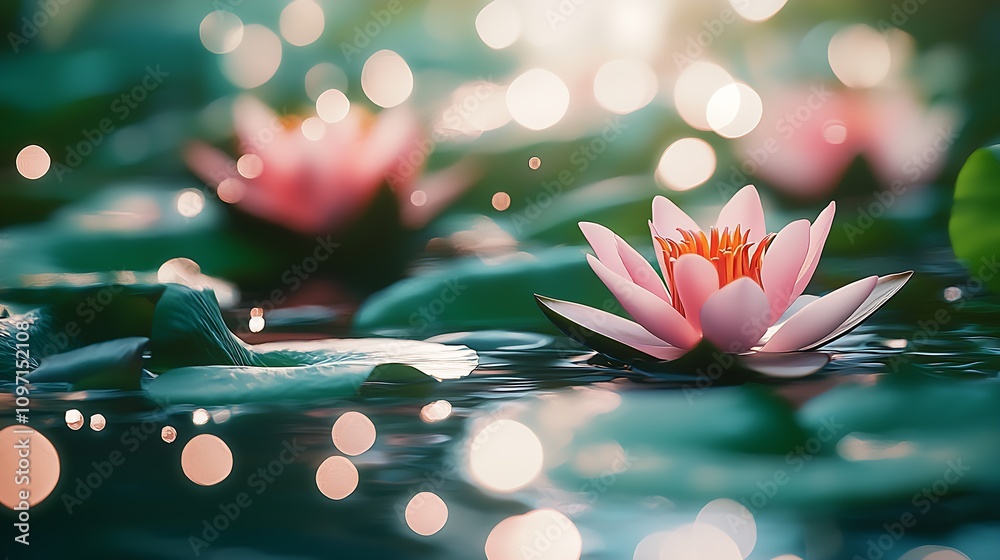 Aufkleber Serene Water Lily with Sparkling Bokeh in Tranquil Pond Setting : Generative AI
