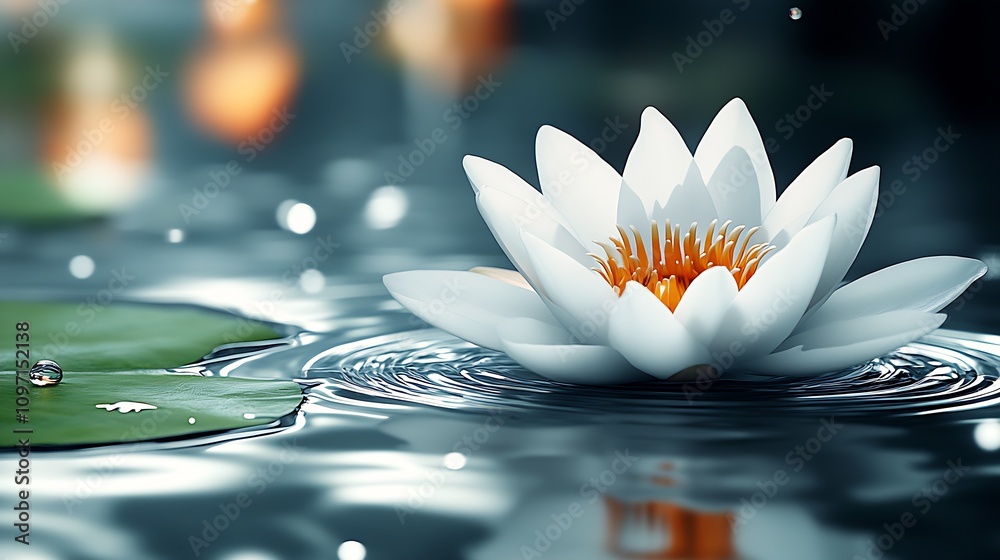 Poster White Lotus Flower Floating on Reflective Water Surface with Dreamy Atmosphere of Soft Bokeh Lights : Generative AI