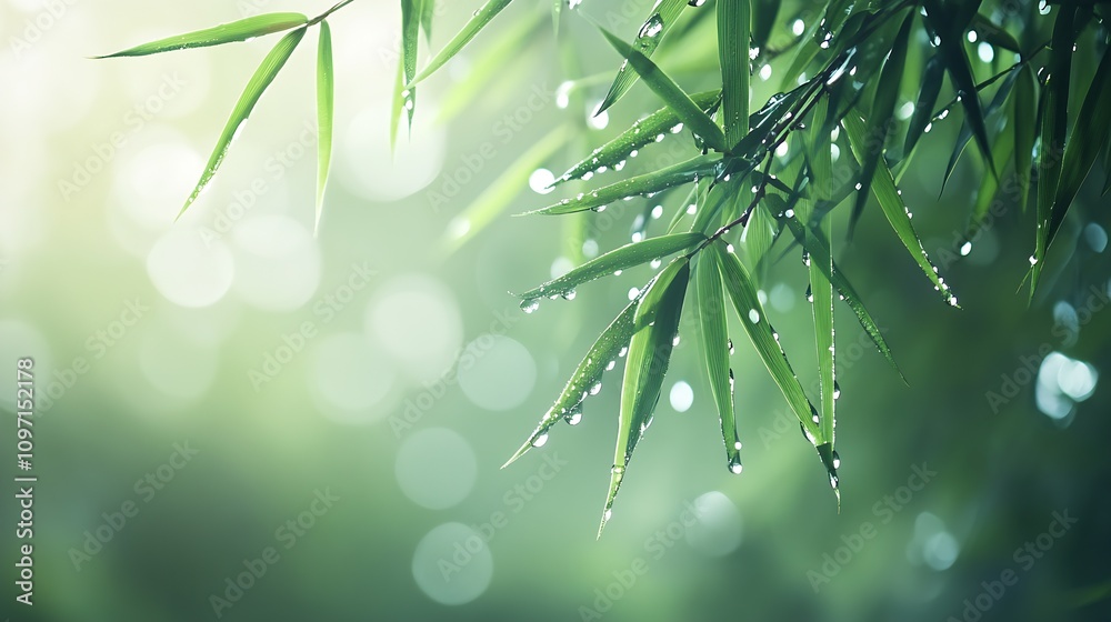 Poster morning dew on bamboo leaves in serene nature setting with bokeh lights : generative ai