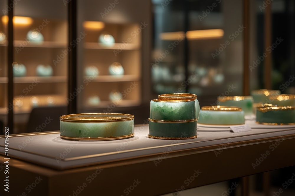 Aufkleber display of elegant jadeite bowls with gold accents in a sophisticated setting.
