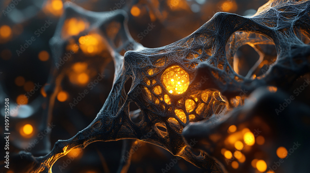 Poster microscopic view of a complex organic structure glowing with an inner light, creating a mesmerizing 