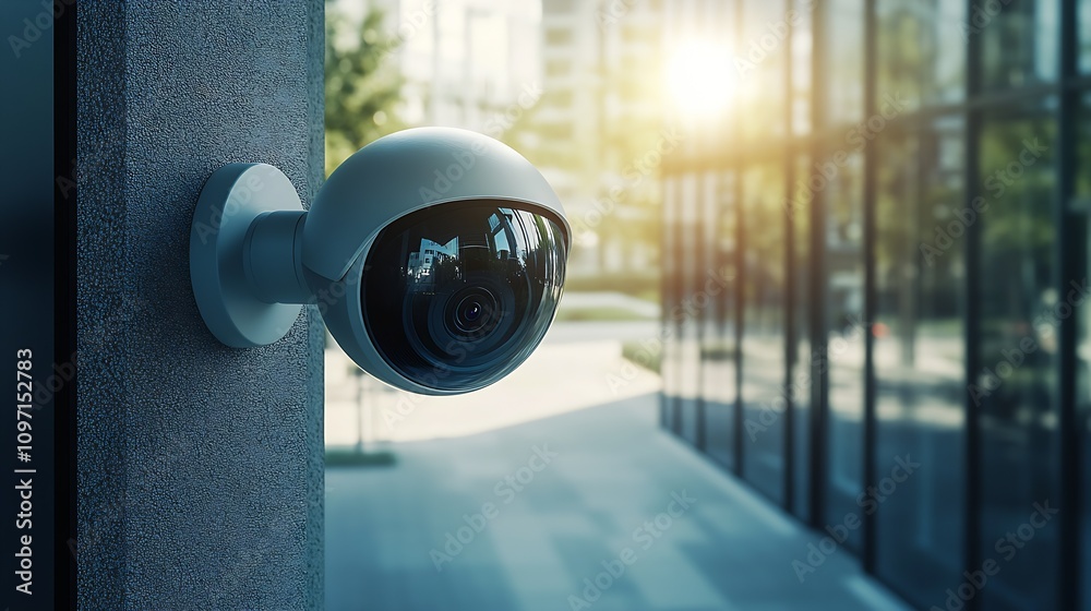 Poster modern surveillance security camera mounted on building exterior in urban setting : generative ai
