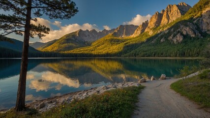 Naklejka premium Lago tranquilo entre montañas verdes y día despejado