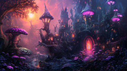 Obraz premium Enchanting sunset at the fantasy mushroom castle in a magical forest with towering mushrooms and glowing lights