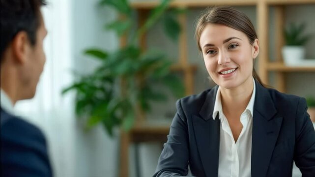A candidate showcases confidence and professionalism during a job interview in a contemporary office environment