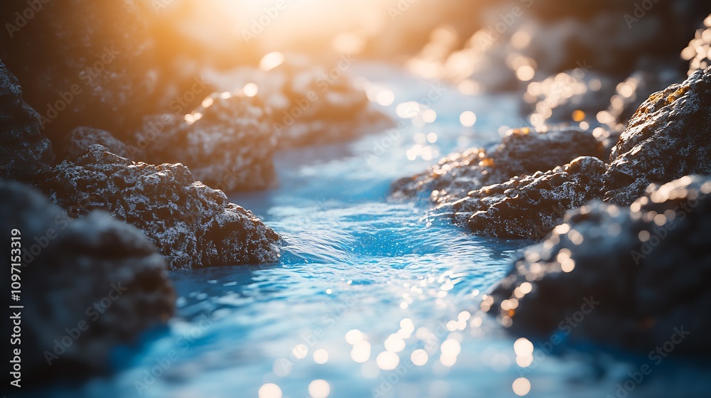 Aufkleber sparkling stream with sunlit reflections and rocky surroundings : generative ai