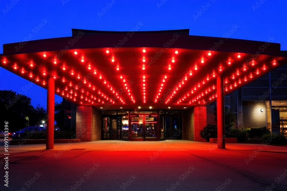 Poster a brightly lit entrance with red lights, creating an inviting atmosphere at dusk.