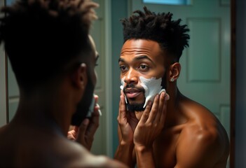 Man applies face mask in bathroom mirror. Dark skinned male model uses skincare product. He looks at his reflection. Personal grooming routine. Black man beauty.