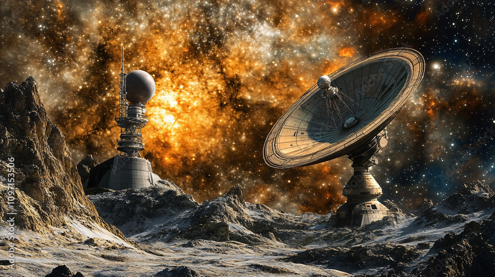 Aufkleber observatory and large satellite dish scan deep space from a desolate, rocky planet in search of new 