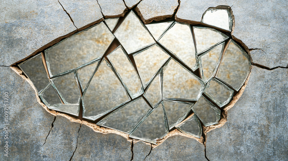 Poster Abstract textured background created by embedded broken mirror shards reflecting light on cracked concrete wall