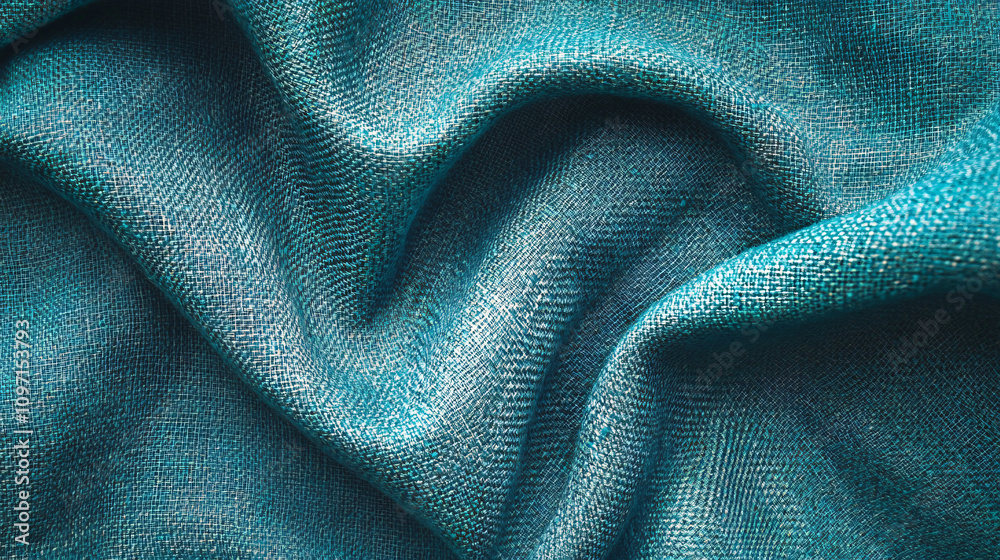 Poster Teal green linen fabric showing weaving texture in soft folds, creating a beautiful abstract pattern