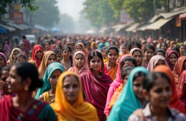 Fototapeta premium Indian women commute city street New Delhi. 1980s urban crowd walk business. People daily life India 80s fashion. Traditional clothes tied up headscarves.