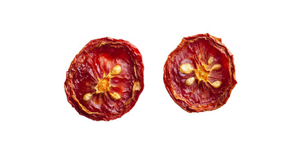 A dried cherry tomato sliced in half on white background