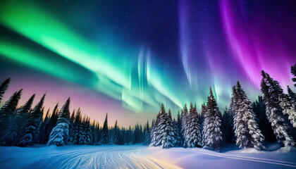 Fototapeta premium A captivating mix of greens and purples blending softly into a realistic depiction of the Aurora Borealis, illuminating the night sky with vibrant colors, creating a mesmerizing natural phenomenon.