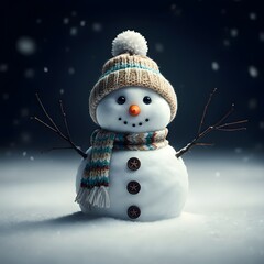 A hyper-realistic, 4K image of a snowman wearing a red hat and scarf, standing in a snowy landscape. The snowman has a carrot nose, coal eyes, and stick arms. The background is a solid pure white colo