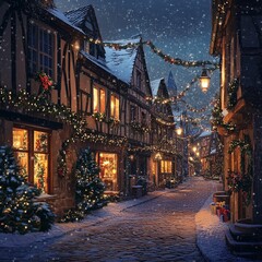 Obraz premium A charming street in an old town during Christmas night