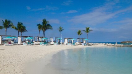 White sand and Calm water on Chill Island Beach on Coco Cay island in the Bahamas