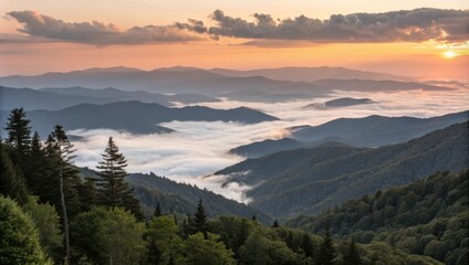 Low Clouds Hovering in Valley at Sunset View From Clin Standard Overlook. Generative AI