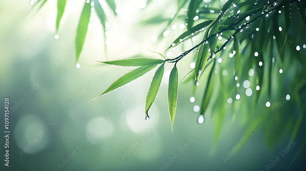 Poster rain kissed bamboo leaves with glowing bokeh background in tranquil atmosphere : generative ai